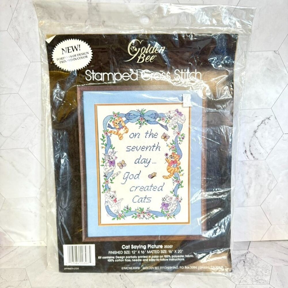 Vtg NOS Golden Bee 1986 CAT SAYING Stamped Cross Stitch Kit 20307 On the 7th Day
